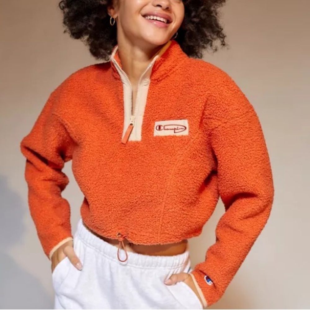 Orange urban outfitters champion Sherpa cropped pull over